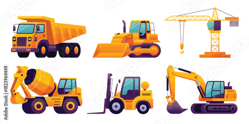 Collection of yellow construction vehicles and equipment on white background