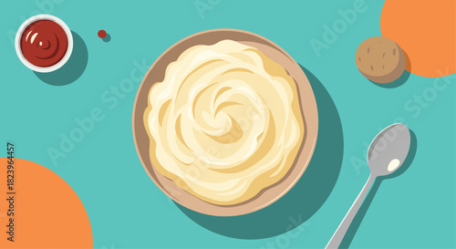 Top-down illustration of a delicious bowl of creamy mashed potatoes with ketchup and a spoon on a bright blue background.