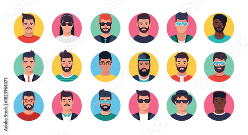 Diverse collection of male avatars in colorful circles for user profile pictures in a modern flat design icon set for web.
