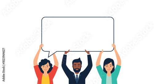 Happy diverse team of three business people holding up a large blank speech bubble for your important message or announcement.