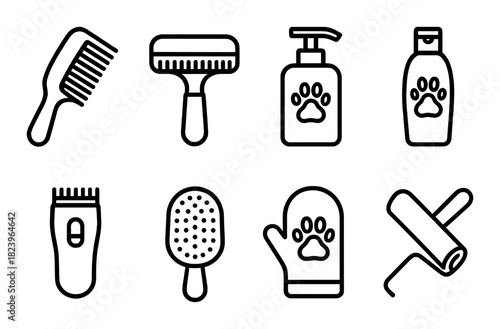 Pet grooming tools icons set: comb, brush, shampoo, clipper