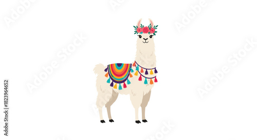 Cute cartoon llama or alpaca decorated with a colorful saddle and a beautiful flower crown in a flat vector illustration.