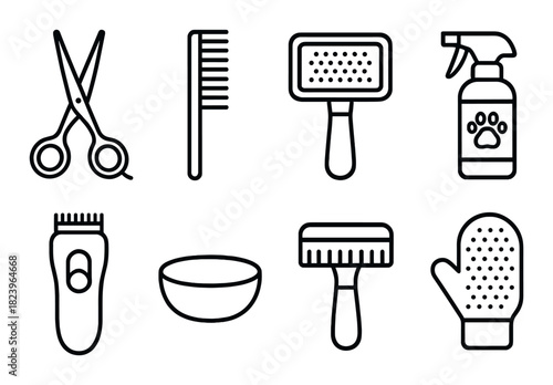 Pet grooming tools silhouette: scissors, comb, brush, spray, and more