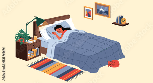 Woman sleeping peacefully in a cozy bed at night with a cat on the floor in a comfortable and modern bedroom illustration.