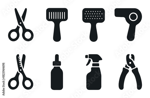 Silhouette icons of hairdressing and grooming tools on black background