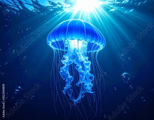 A glowing blue jellyfish drifting through deep ocean waters, showcasing its luminous tentacles in a serene underwater scene.