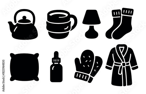 Cozy home icons collection featuring teapot, mug, lamp, socks, pillow, essential oil, mittens, bathrobe
