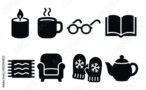 Cozy home icons: candle, mug, glasses, book, blanket, armchair, mittens, teapot