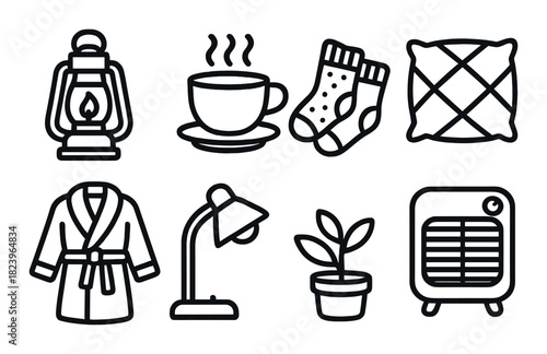 Cozy home essentials: lantern, cup, socks, pillow, robe, lamp, plant, heater icons