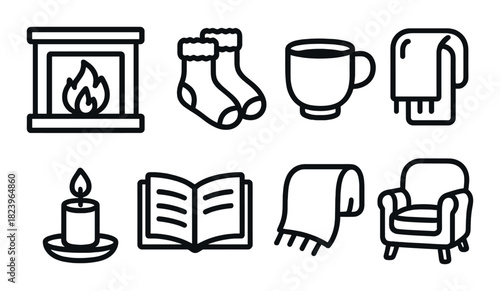 Cozy winter icons: fireplace, socks, mug, candle, book, blanket, chair