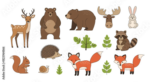 Cute collection of cartoon forest animals including a deer bear fox and squirrel isolated on a white background for kids.