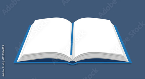 Open book with blank white pages and a blue cover on a dark background for education or literature concept with copy space.