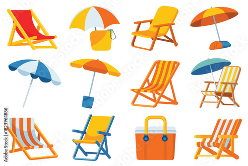 Collection of colorful beach chairs and umbrellas with cooler