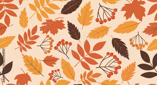 Seamless autumn pattern with colorful fall leaves and rowan berries on a light background for seasonal thanksgiving design.