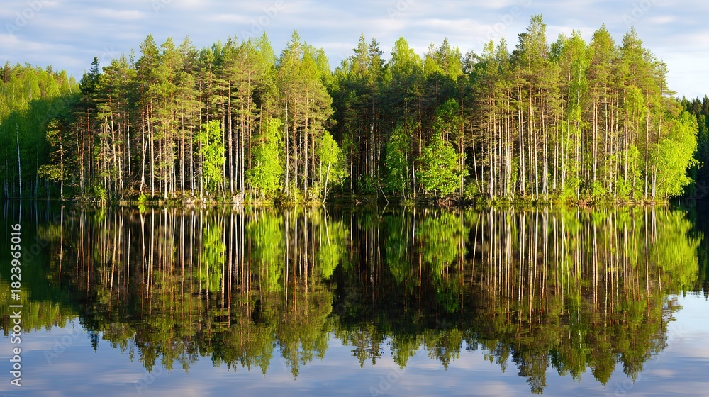Obraz premium order. Calm lake mirroring a pine forest in symmetrical reflection under tranquil morning light. travel magazines, destination branding, designed for travel destination branding, used by hr managers.