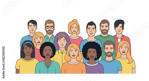 Happy and diverse group of young people standing together representing a friendly community or successful business team concept.