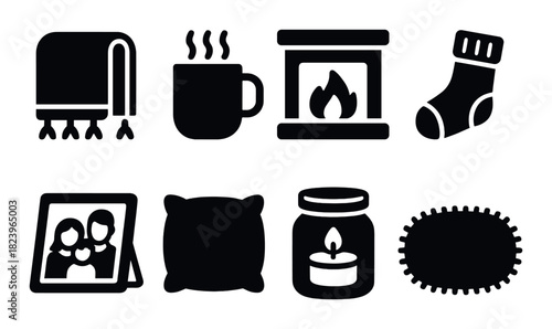 Cozy home icons set featuring mugs, fireplace, and candles