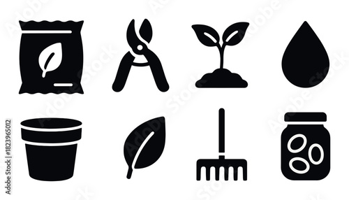 Gardening tools icons: pruner, seedling, water drop, leaf, rake, seeds, pot