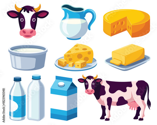 Collection of dairy products and cow illustrations