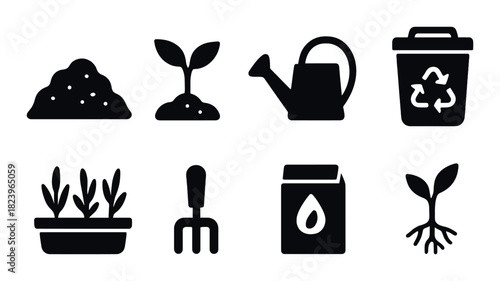 Silhouette icons of gardening tools and recycling with black background