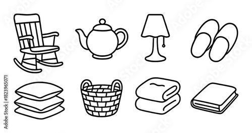 Cozy home essentials: rocking chair, teapot, lamp, slippers, pillows, basket, blanket, book icons