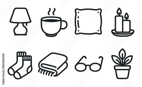 Cozy essentials icons: lamp, coffee, pillow, candles, socks, blanket, glasses, plant