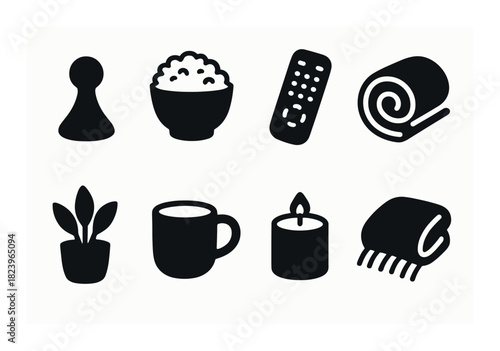 Set of simple icons: plant, cup, candle, bowl, remote, game piece, mat, blanket