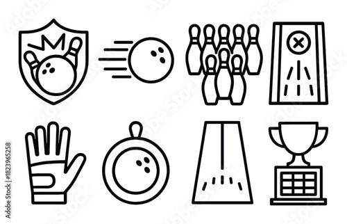 Bowling icons with trophy and pins on dark background