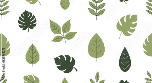 Seamless botanical pattern with various types of green leaves including monstera on a white background for a fresh design.