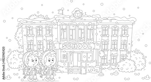 Happy little schoolboy and schoolgirl with their schoolbags friendly talking and going to school on a cold and snowy winter morning, black and white vector cartoon illustration