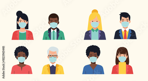 Set of diverse business people avatars wearing medical face masks for protection during a pandemic in the workplace concept.