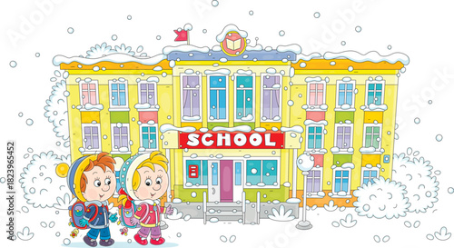 Happy little schoolboy and schoolgirl with their schoolbags friendly talking and going to school on a cold and snowy winter morning, vector cartoon illustration on white