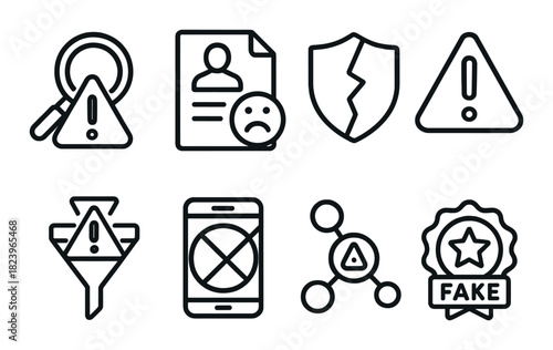 Misinformation warning icons: detection, profile, security, alert, navigation, mobile, connection, fake