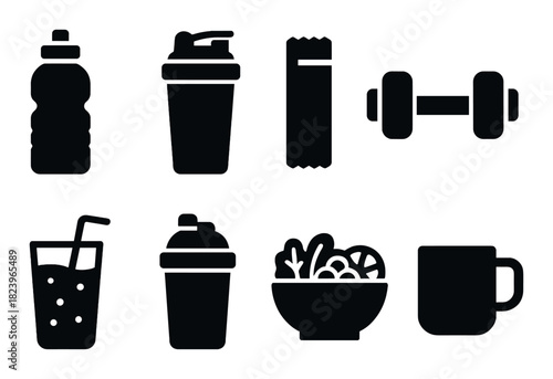 Set of fitness and nutrition icons: water bottle, shaker, protein bar, dumbbell, juice, salad, mug