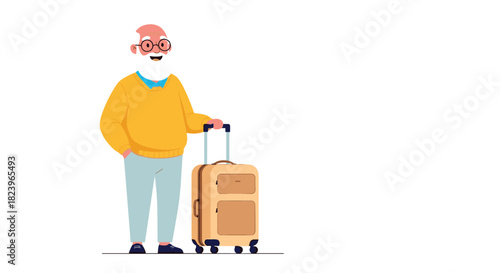 Happy elderly man with a beard and glasses standing with his luggage ready for travel in a fun cartoon vector illustration.