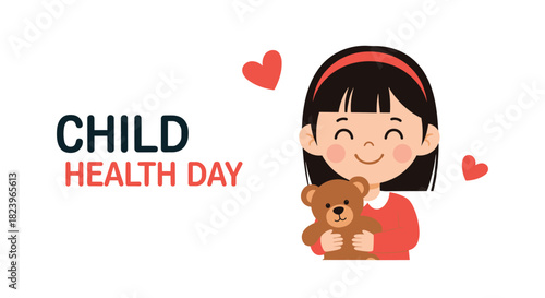Cute little girl hugging a teddy bear for a Child Health Day banner promoting wellness and care for children's well-being.