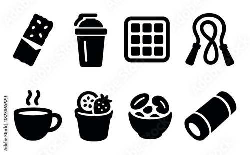 Fitness and nutrition icons: protein bar, smoothie, yoga mat, and more