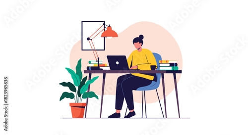 Woman working or studying from home at her desk with a laptop books and a plant in a modern flat vector illustration.