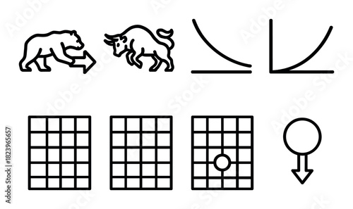 Bear and bull market symbols with economic graphs and schematics