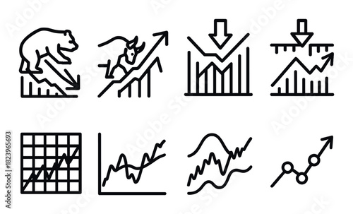 Bull and bear market graph icons on metallic background