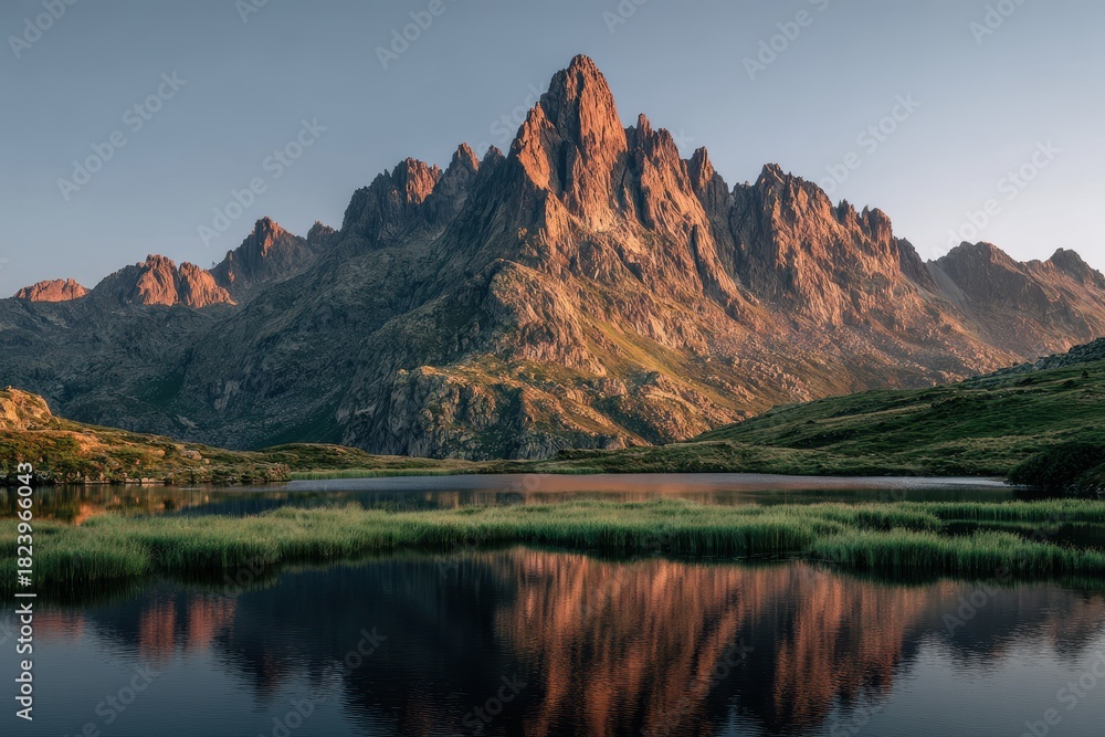Fototapeta premium Majestic mountain landscape at sunrise, golden light illuminating jagged peaks, tranquil lake reflecting the scenery, serene atmosphere, lush green foreground