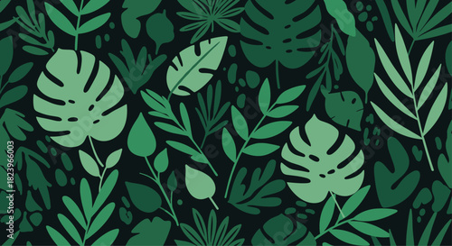 Seamless pattern with dense green tropical leaves and foliage on a dark background for an exotic jungle-themed wallpaper.