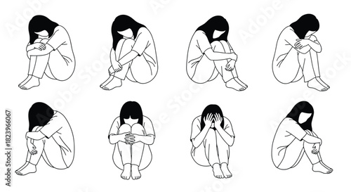 Set of line art illustrations showing a sad and lonely woman in various poses of depression sitting on the floor.