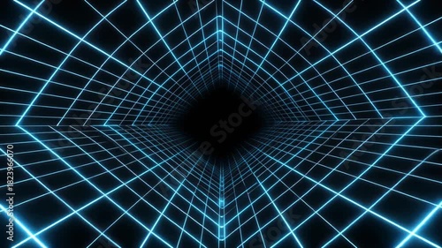 Neon Grid Tunnel Perspective with Blue Glowing Lines and Black Void Center photo