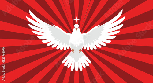 White dove of peace with outstretched wings flying against a bright red sunburst background in a powerful vector illustration.