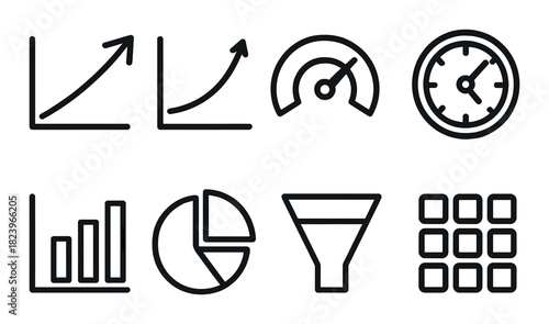 Black metallic business icons set: growth, metrics, performance, data, analysis