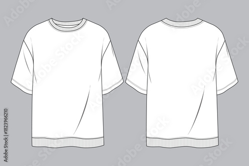 Vector oversized tee template for apparel and tech pack use. Oversized T-shirt flat sketch front and back view.
Minimal t-shirt design template rib hem.
Blank t-shirt fashion flat technical sketch.