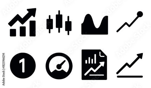 Set of black business growth and analytics icons on gradient background