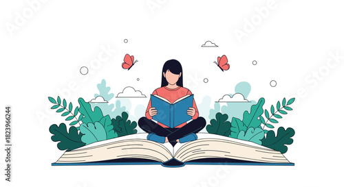 Young woman sitting on a giant open book and reading surrounded by nature plants and butterflies illustrating a love of learning.