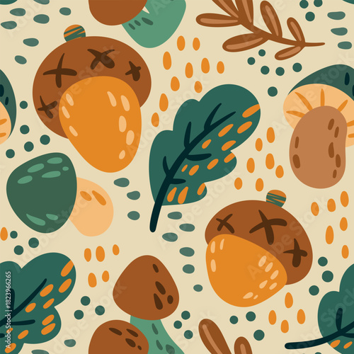 Seamless botanical pattern of hand drawn autumn plants, doodle decor. Cute fall print, floral design of small simple painted forest flora, leaves, mushrooms, acorns in abstract. Vector illustration.
